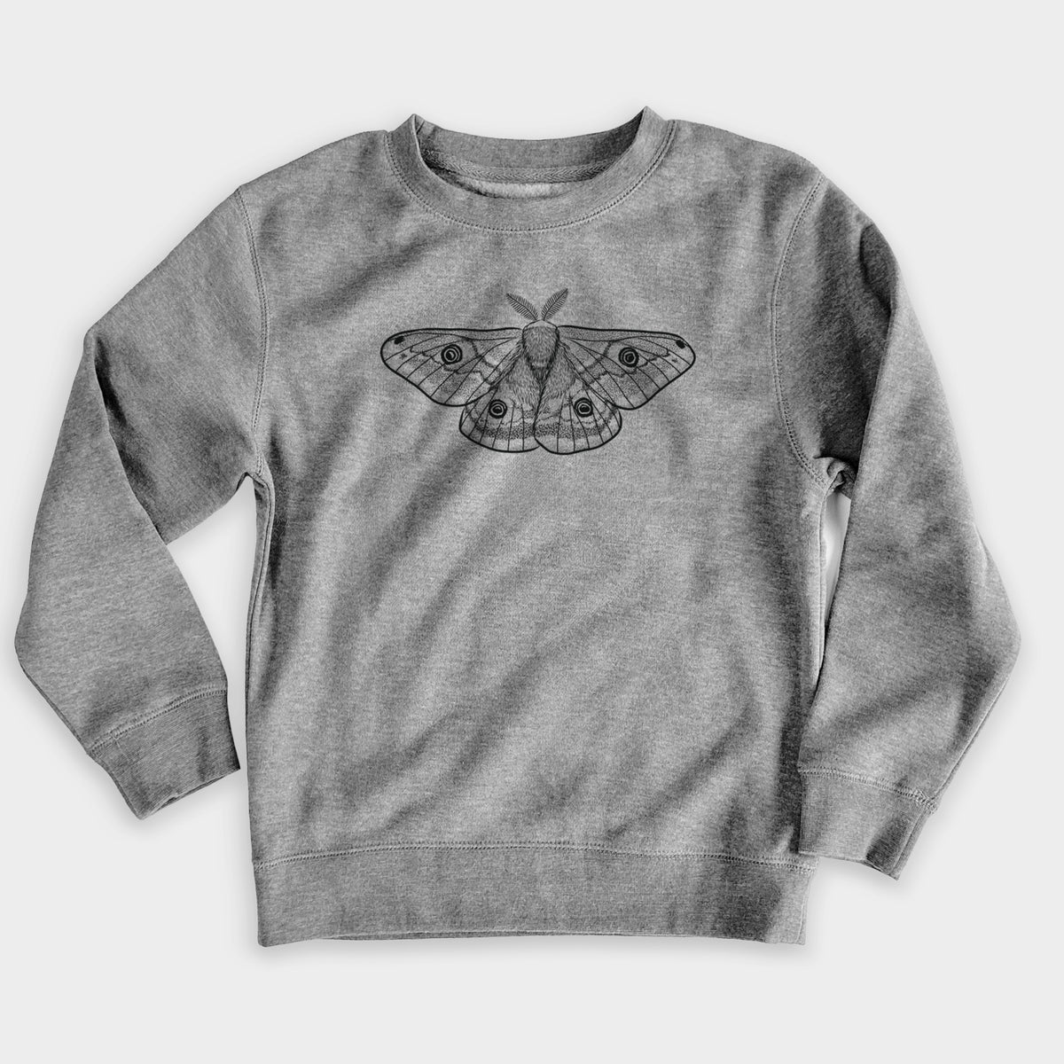 Nickel grey youth crewneck sweatshirt laid flat, printed with a detailed black ink illustration of a small emperor moth with eyespots on its wings.