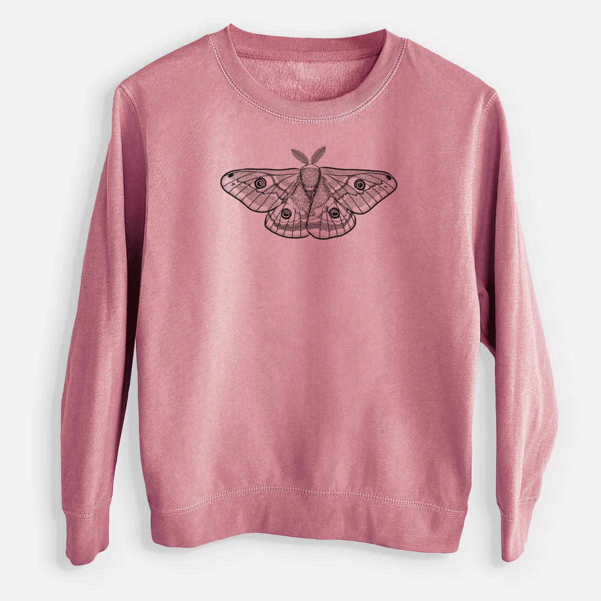 Mauve pink youth crewneck sweatshirt laid flat, printed with a detailed black ink illustration of a small emperor moth with eyespots on its wings.