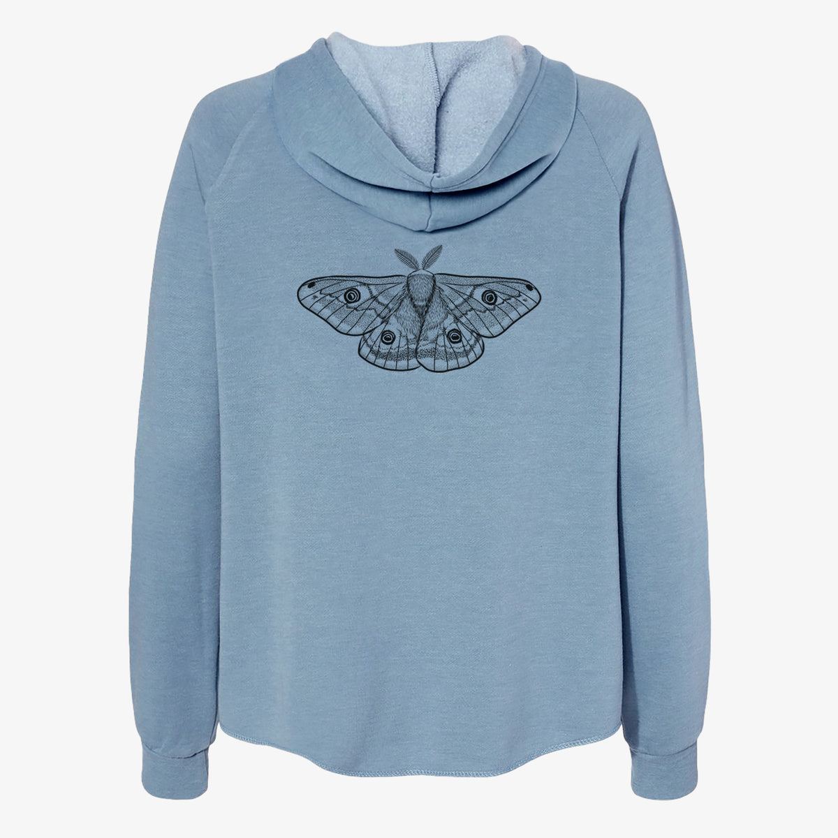 Misty blue women's Cali Wave zip-up sweatshirt laid flat, printed with a detailed black ink illustration of a small emperor moth with eyespots on its wings.