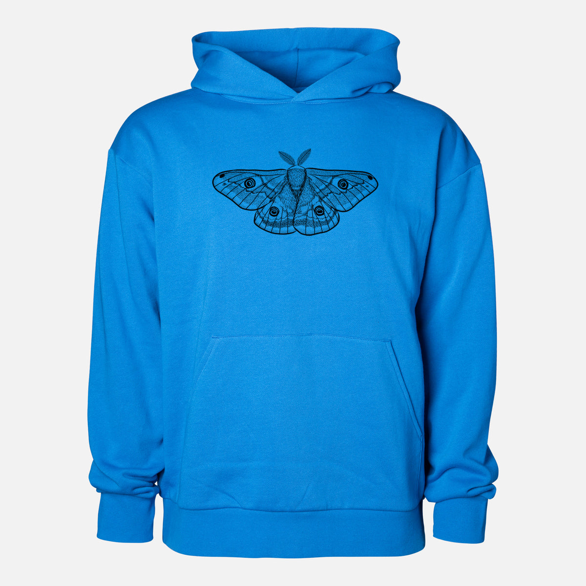 Saturnia pavonia - Small Emperor Moth - Statement Midweight Hoodie in Azure Blue, shown from the front with the design printed on the chest above a front kangaroo pocket.