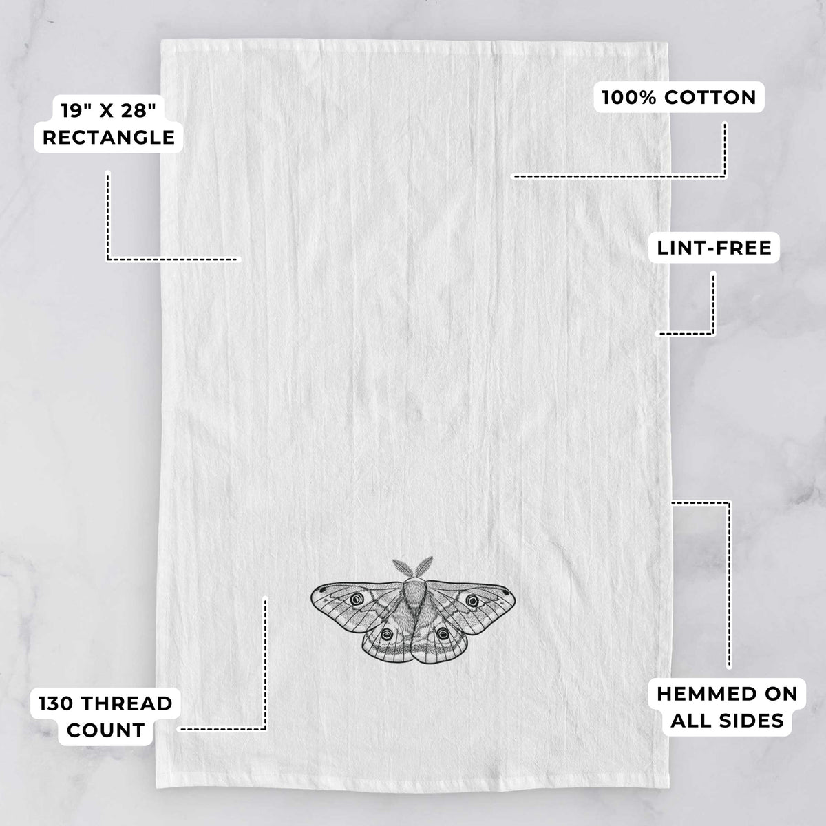 White tea towel printed with a detailed black ink illustration of a small emperor moth with eyespots on its wings, with feature labels: 19 by 28 inch rectangle, 100% cotton, lint-free, 130 thread count, hemmed on all sides.