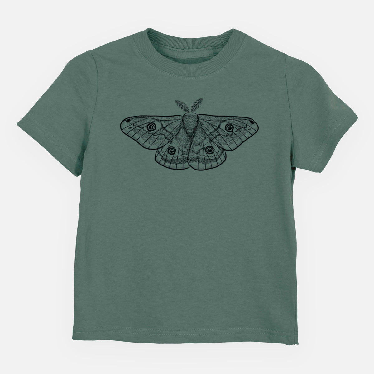 Basil green toddler t-shirt laid flat, printed with a detailed black ink illustration of a small emperor moth with eyespots on its wings.