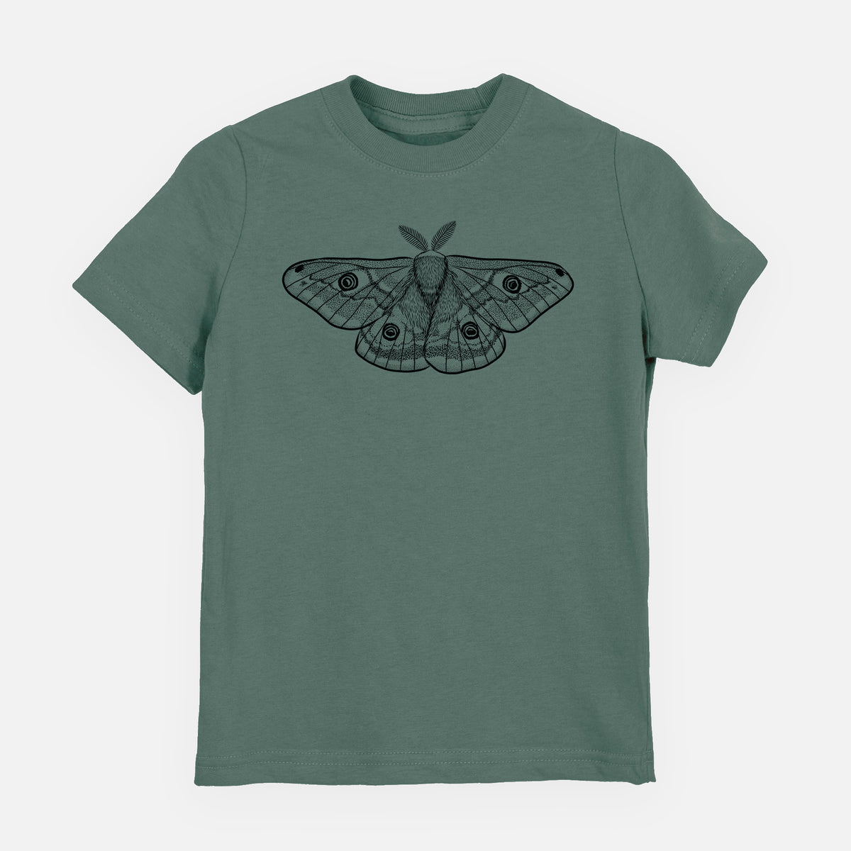 Basil green youth t-shirt laid flat, printed with a detailed black ink illustration of a small emperor moth with eyespots on its wings.