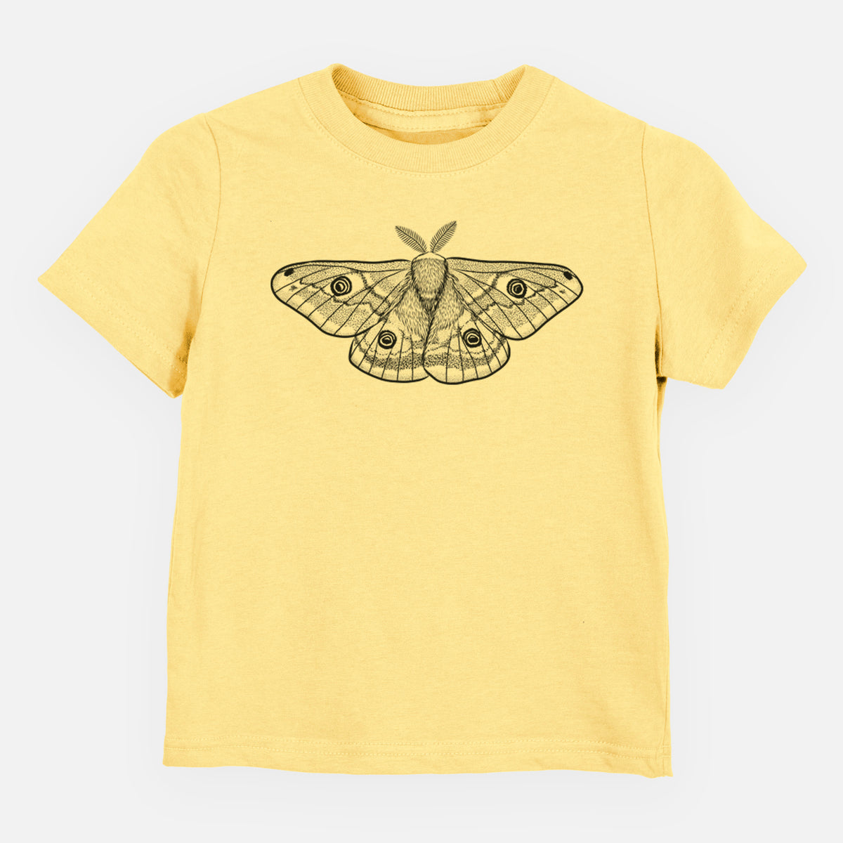 Butter yellow toddler t-shirt laid flat, printed with a detailed black ink illustration of a small emperor moth with eyespots on its wings.