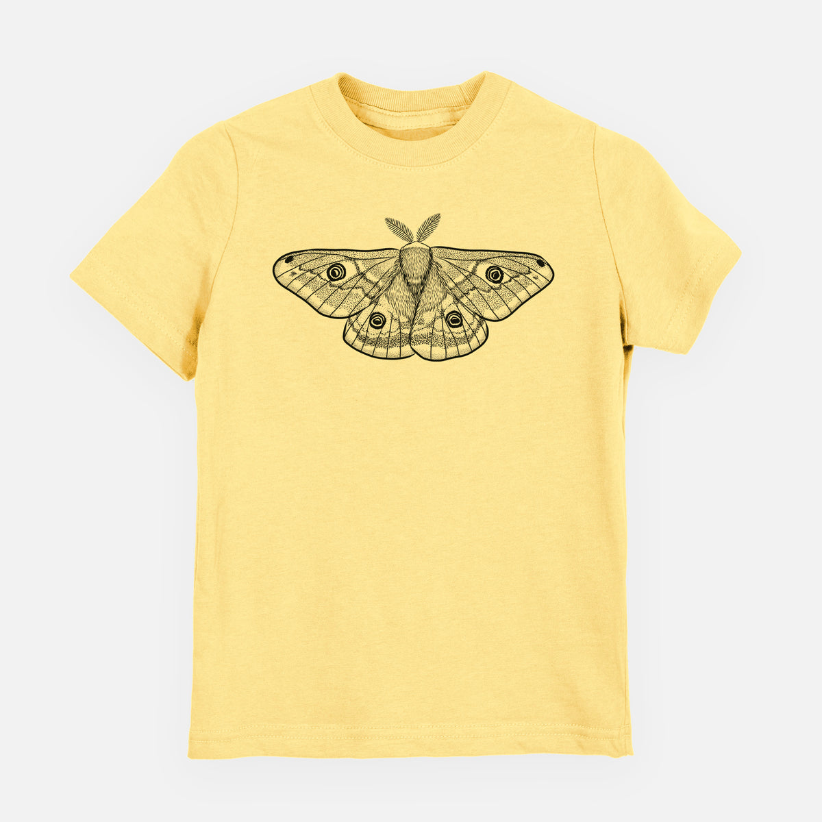 Butter yellow youth t-shirt laid flat, printed with a detailed black ink illustration of a small emperor moth with eyespots on its wings.
