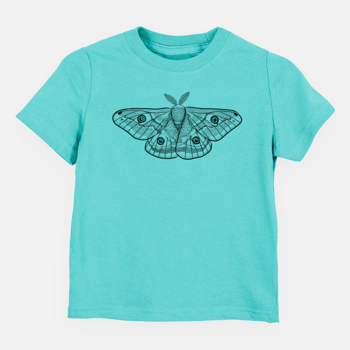 Caribbean blue toddler t-shirt laid flat, printed with a detailed black ink illustration of a small emperor moth with eyespots on its wings.