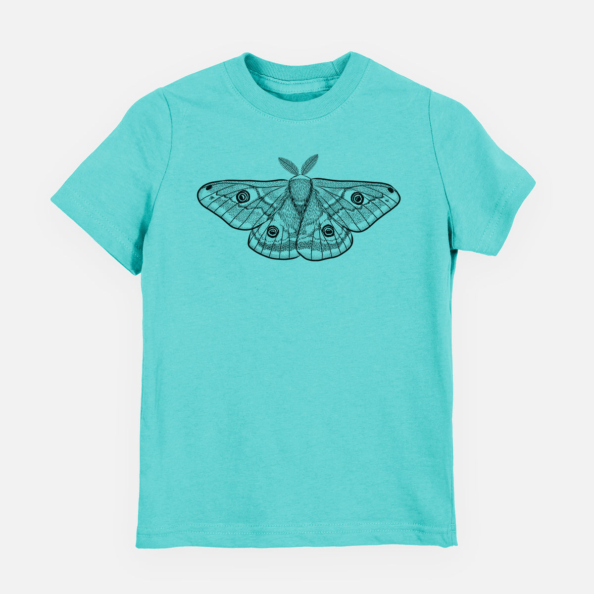 Caribbean blue youth t-shirt laid flat, printed with a detailed black ink illustration of a small emperor moth with eyespots on its wings.