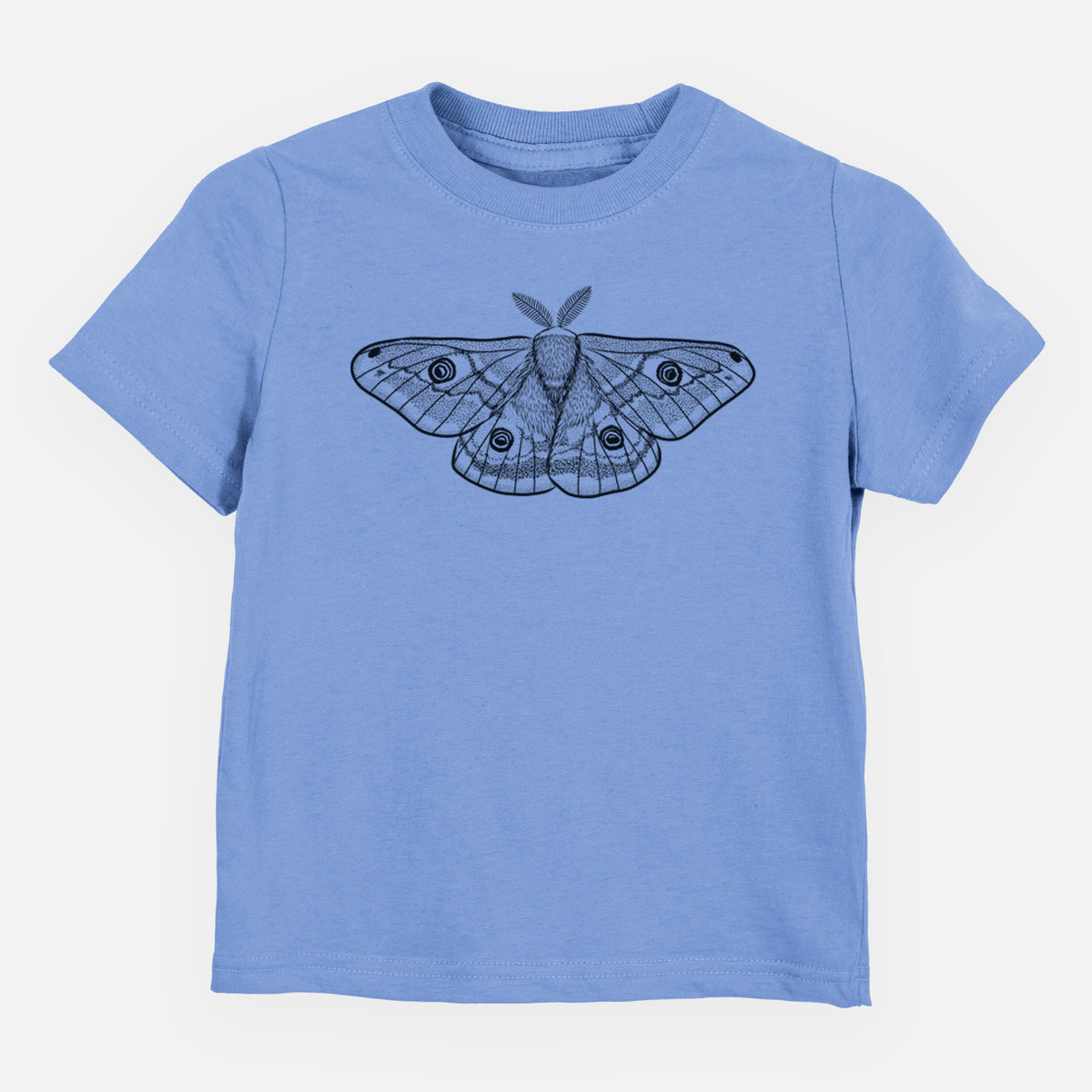 Carolina blue toddler t-shirt laid flat, printed with a detailed black ink illustration of a small emperor moth with eyespots on its wings.