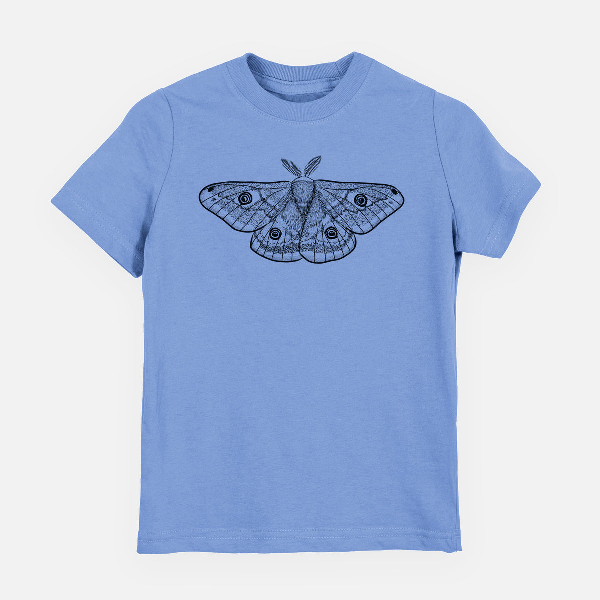 Carolina blue youth t-shirt laid flat, printed with a detailed black ink illustration of a small emperor moth with eyespots on its wings.