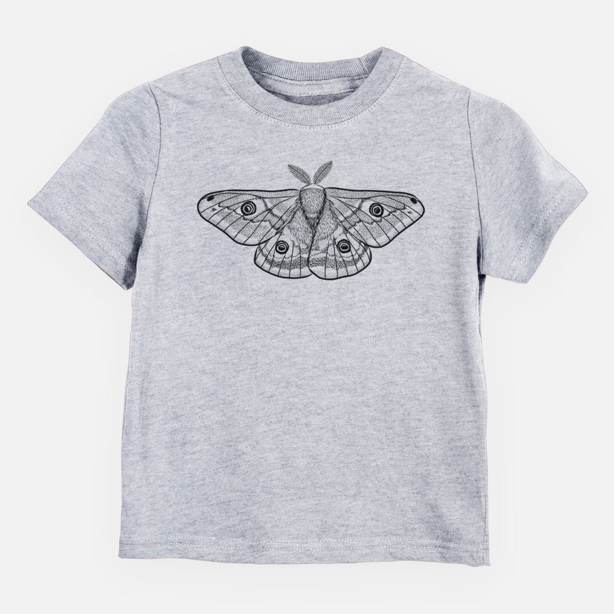 Heather grey toddler t-shirt laid flat, printed with a detailed black ink illustration of a small emperor moth with eyespots on its wings.