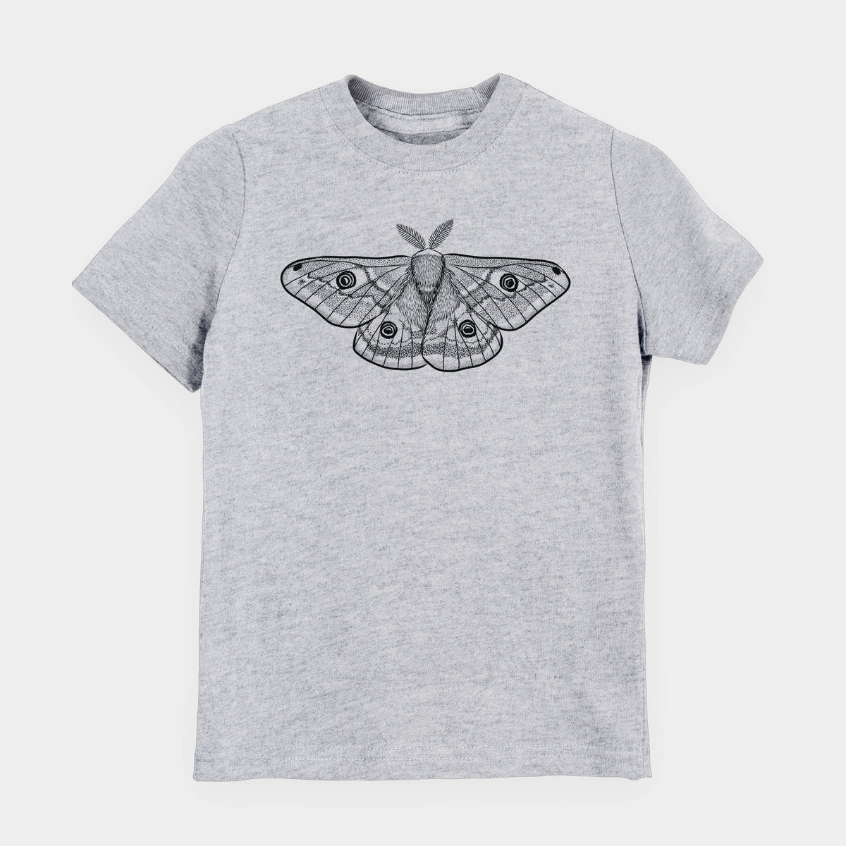 Heather grey youth t-shirt laid flat, printed with a detailed black ink illustration of a small emperor moth with eyespots on its wings.