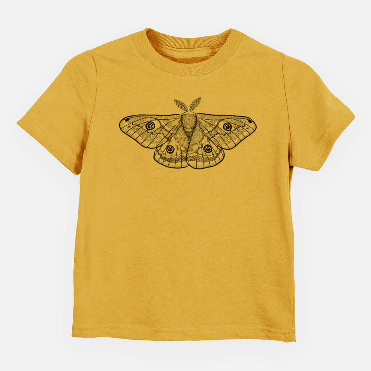 Honeycomb yellow toddler t-shirt laid flat, printed with a detailed black ink illustration of a small emperor moth with eyespots on its wings.