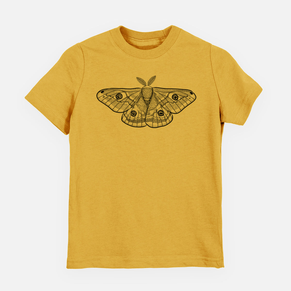 Honeycomb yellow youth t-shirt laid flat, printed with a detailed black ink illustration of a small emperor moth with eyespots on its wings.