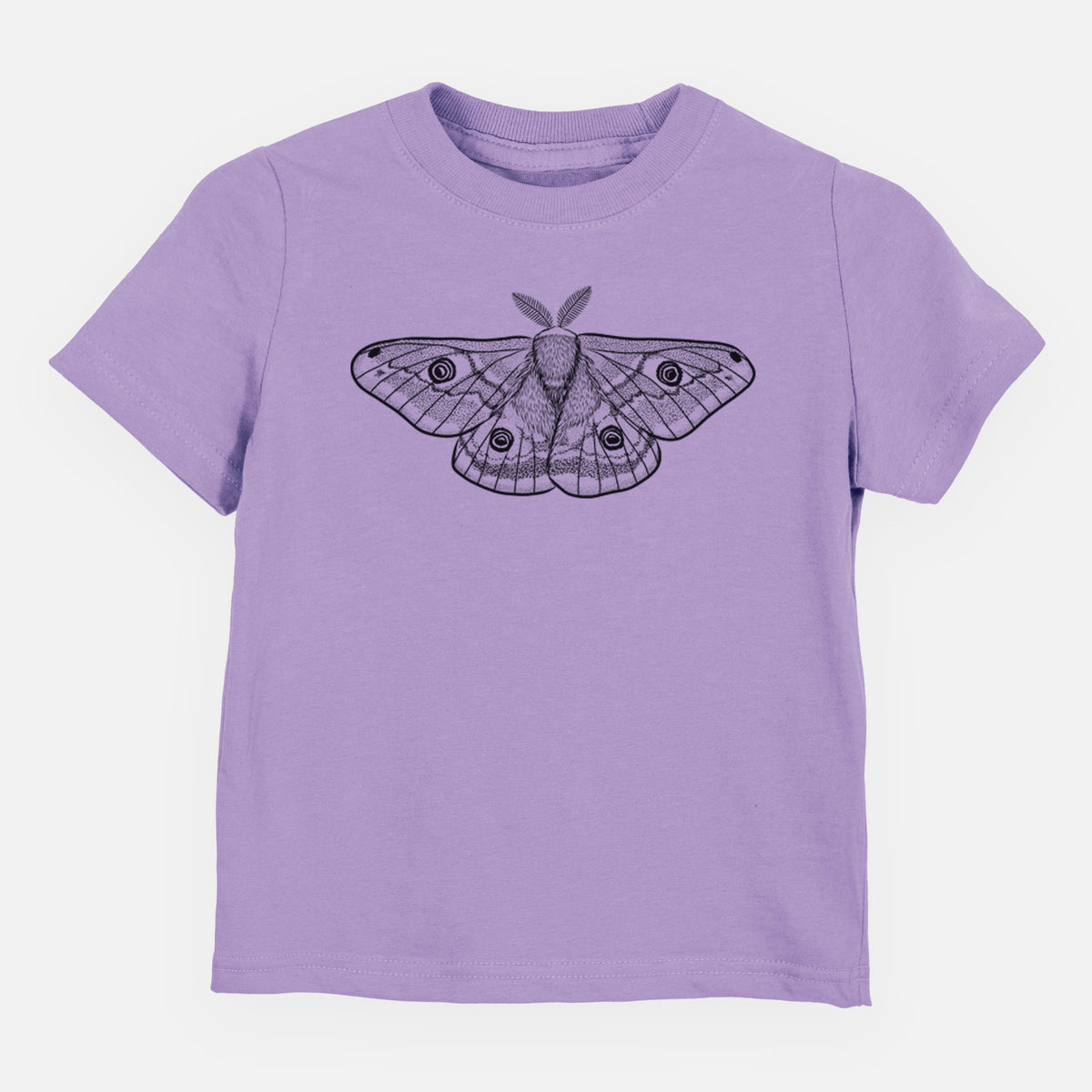 Lavender toddler t-shirt laid flat, printed with a detailed black ink illustration of a small emperor moth with eyespots on its wings.