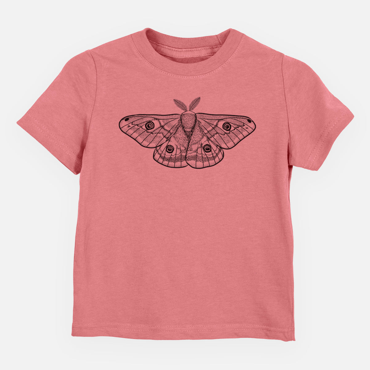 Mauve pink toddler t-shirt laid flat, printed with a detailed black ink illustration of a small emperor moth with eyespots on its wings.