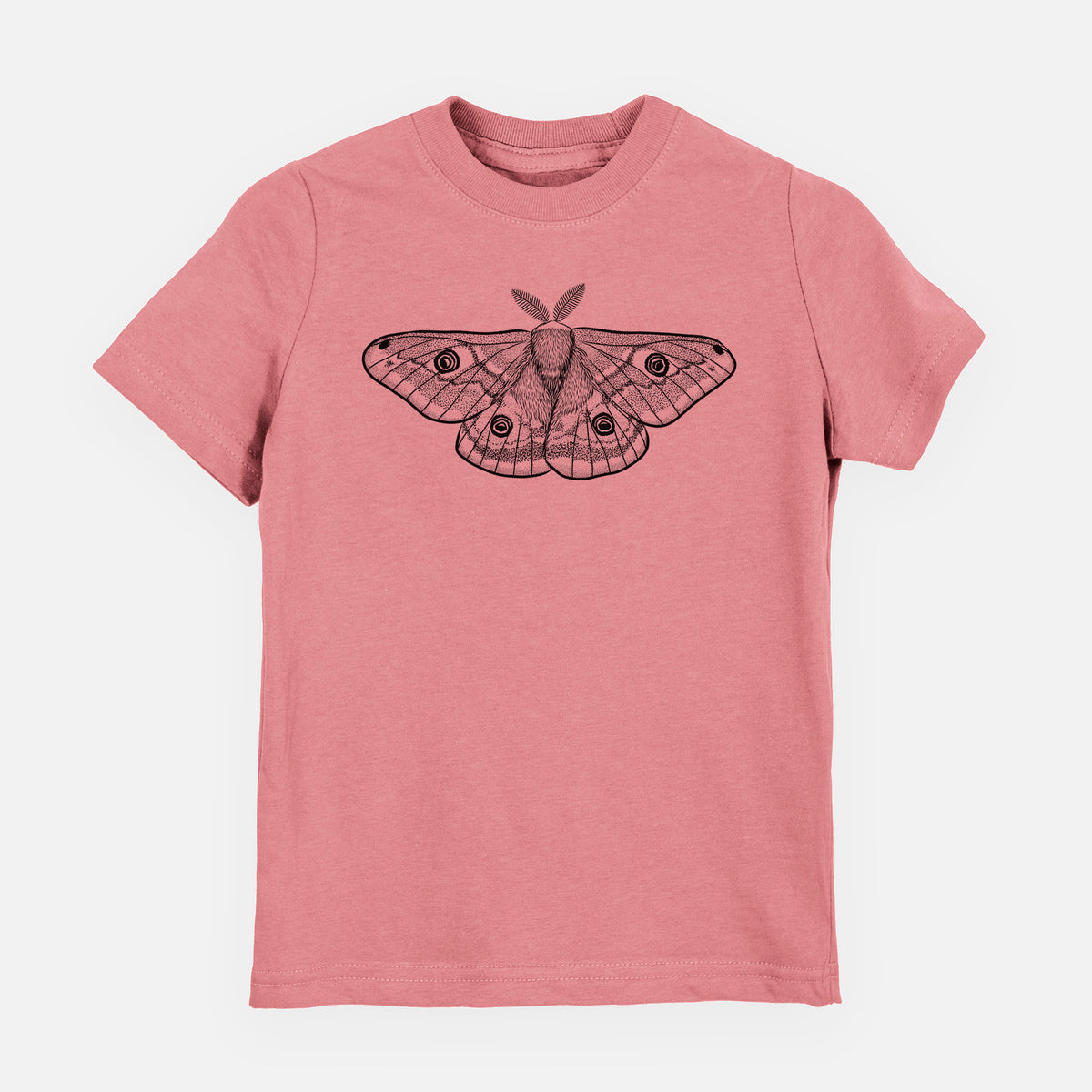 Mauve pink youth t-shirt laid flat, printed with a detailed black ink illustration of a small emperor moth with eyespots on its wings.