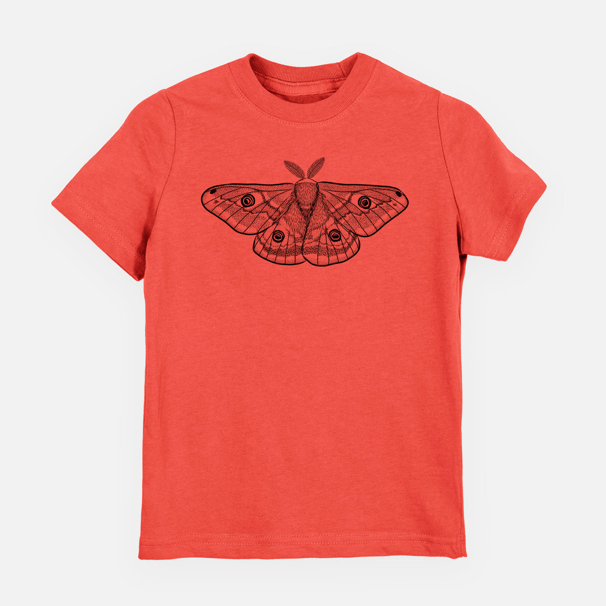 Passionfruit pink youth t-shirt laid flat, printed with a detailed black ink illustration of a small emperor moth with eyespots on its wings.