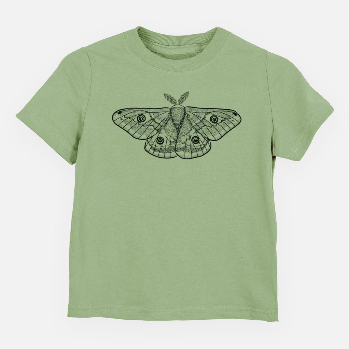 Sage green toddler t-shirt laid flat, printed with a detailed black ink illustration of a small emperor moth with eyespots on its wings.