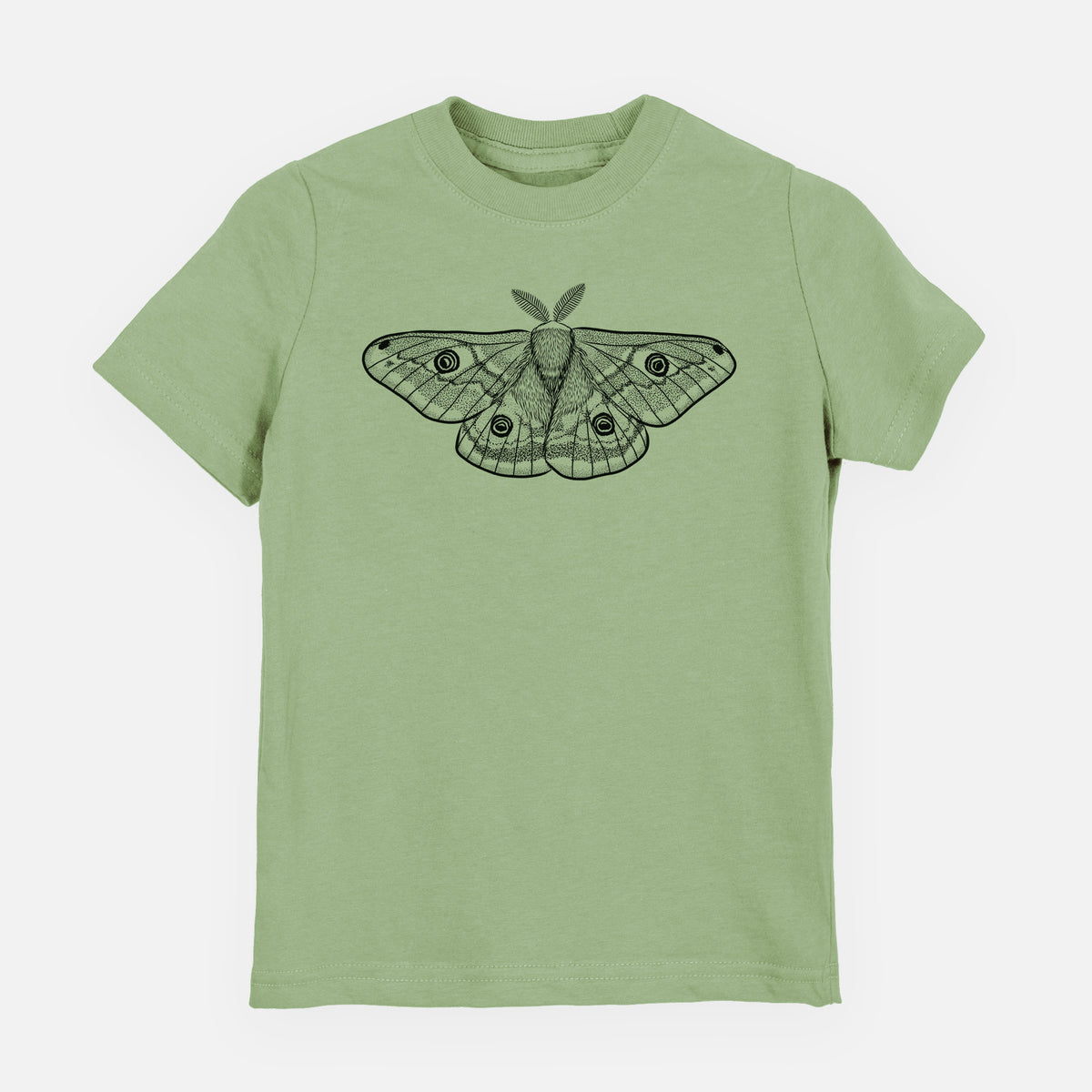 Sage green youth t-shirt laid flat, printed with a detailed black ink illustration of a small emperor moth with eyespots on its wings.