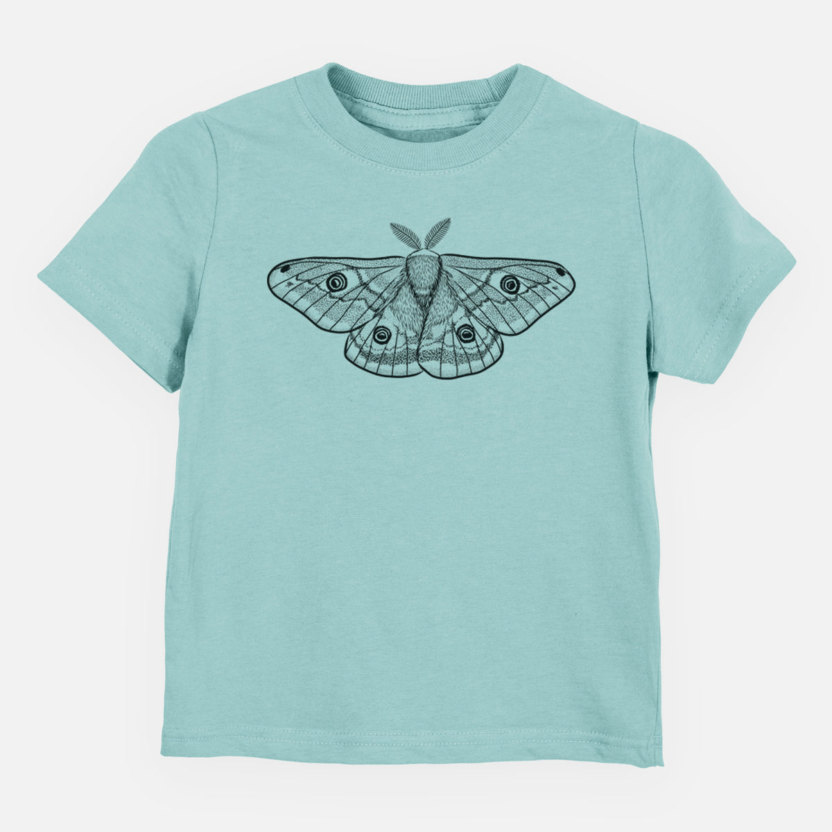 Saltwater toddler t-shirt laid flat, printed with a detailed black ink illustration of a small emperor moth with eyespots on its wings.