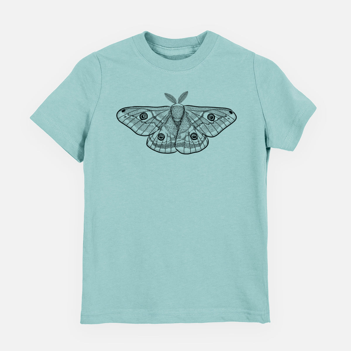 Saltwater youth t-shirt laid flat, printed with a detailed black ink illustration of a small emperor moth with eyespots on its wings.