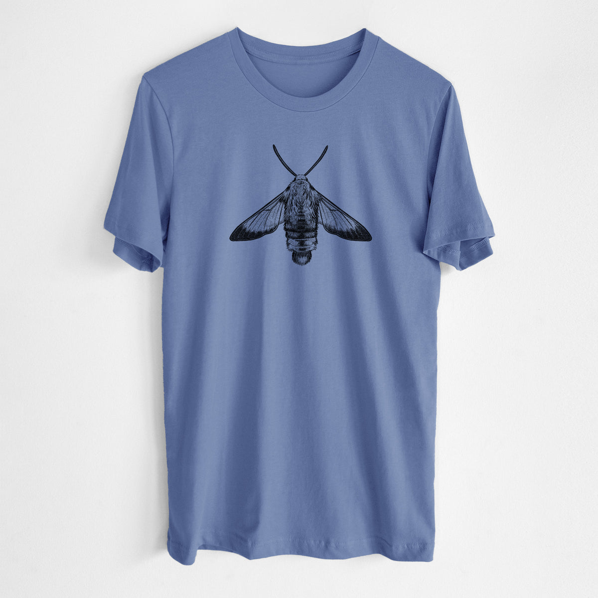 Blue bell lightweight cotton t-shirt laid flat, printed with a detailed black ink illustration of a snowberry clearwing moth, seen from above.
