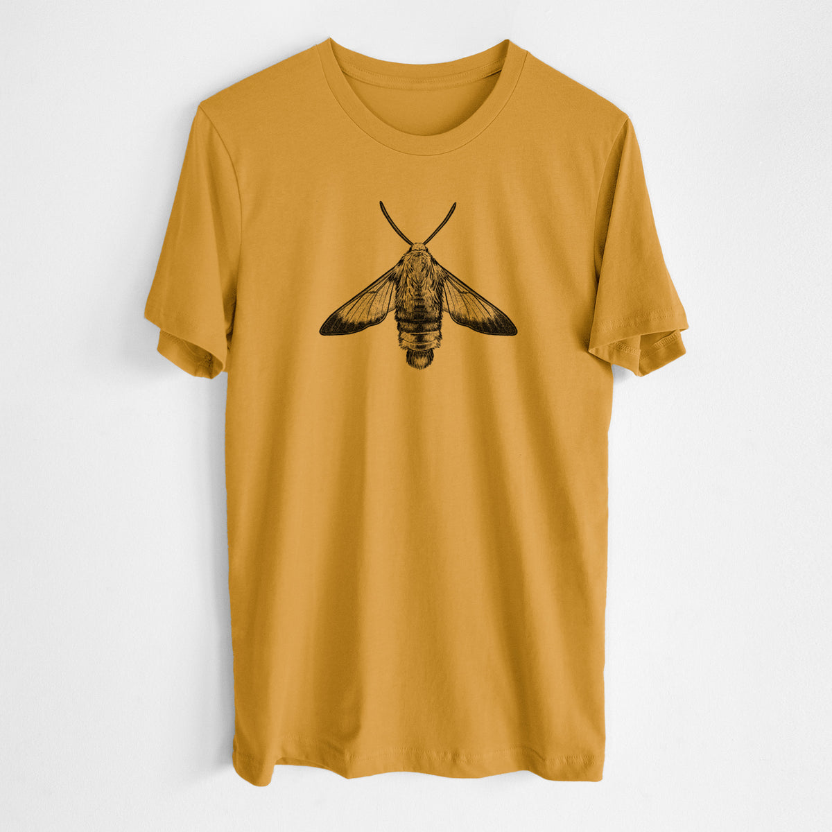 Honeycomb yellow lightweight cotton t-shirt laid flat, printed with a detailed black ink illustration of a snowberry clearwing moth, seen from above.