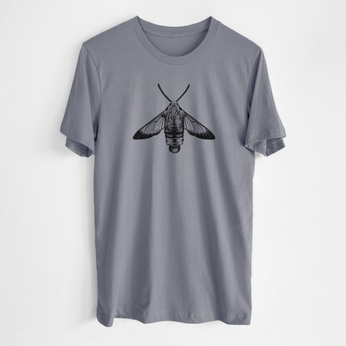 Storm grey lightweight cotton t-shirt laid flat, printed with a detailed black ink illustration of a snowberry clearwing moth, seen from above.