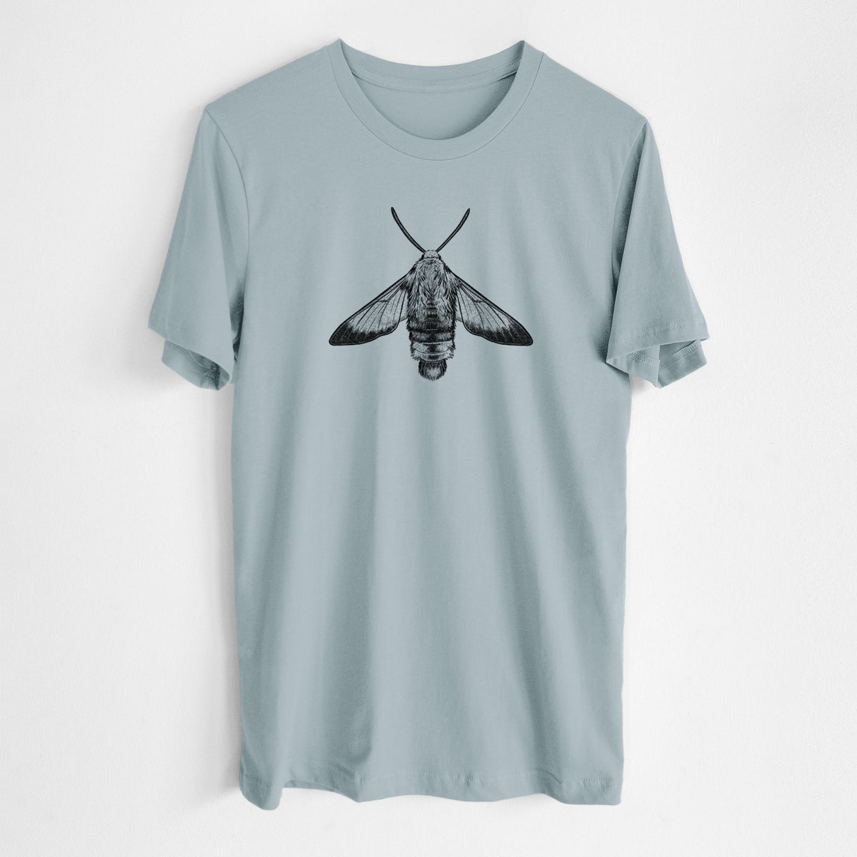 Vintage denim lightweight cotton t-shirt laid flat, printed with a detailed black ink illustration of a snowberry clearwing moth, seen from above.
