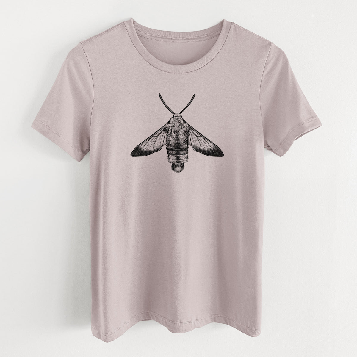 Pink gravel women's relaxed fit cotton t-shirt laid flat, printed with a detailed black ink illustration of a snowberry clearwing moth, seen from above.