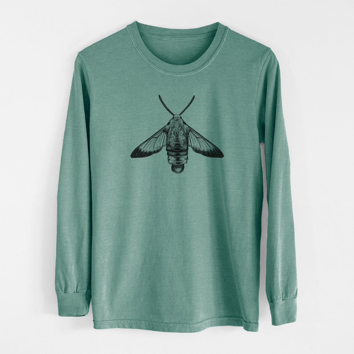 Pine green Comfort Colors long sleeve shirt laid flat, printed with a detailed black ink illustration of a snowberry clearwing moth, seen from above.