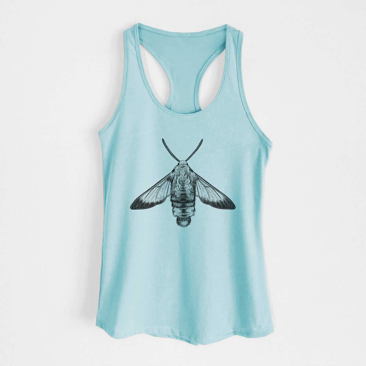 Cancun blue women's racerback tank top laid flat, printed with a detailed black ink illustration of a snowberry clearwing moth, seen from above.