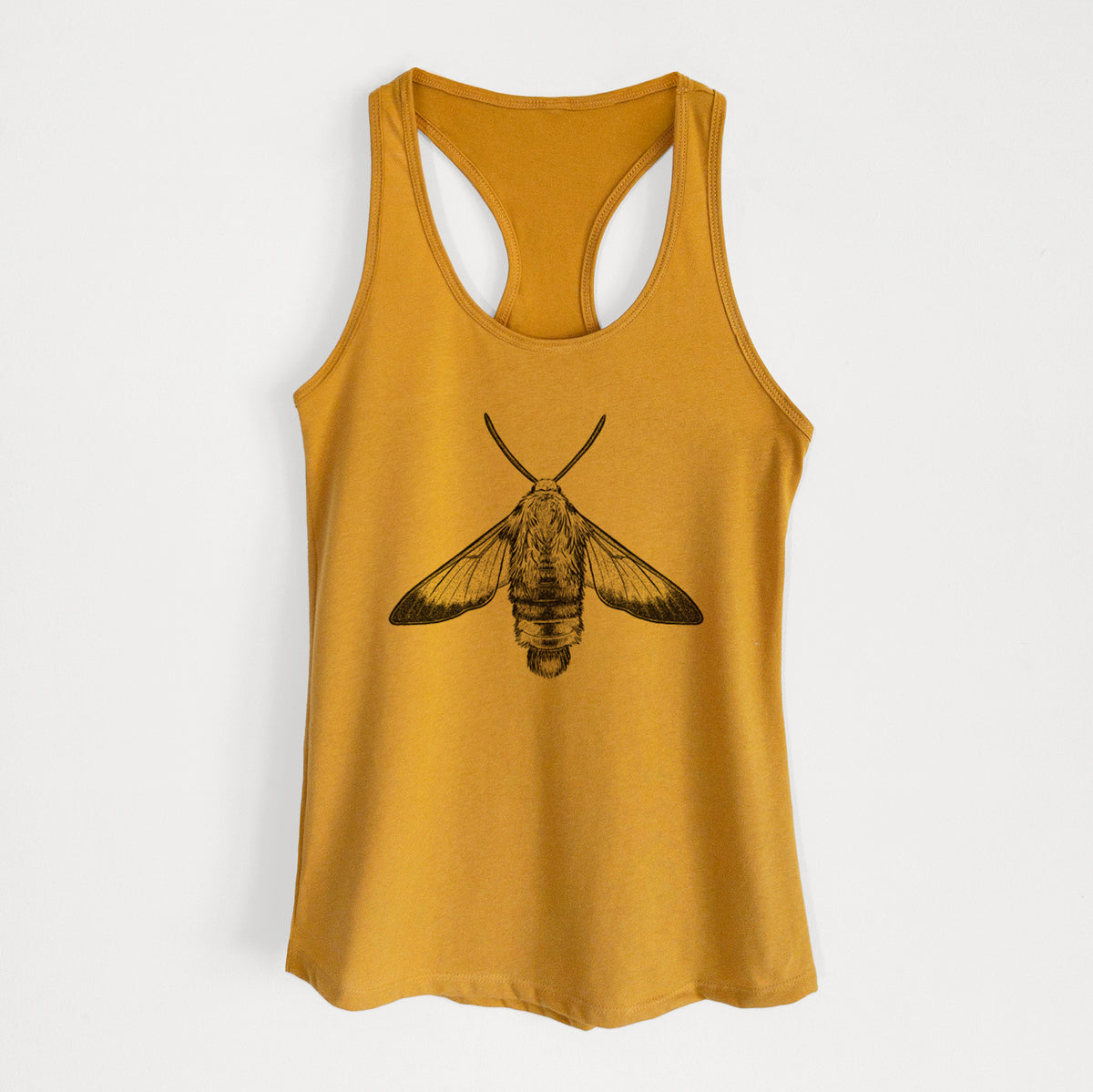 Gold women's racerback tank top laid flat, printed with a detailed black ink illustration of a snowberry clearwing moth, seen from above.
