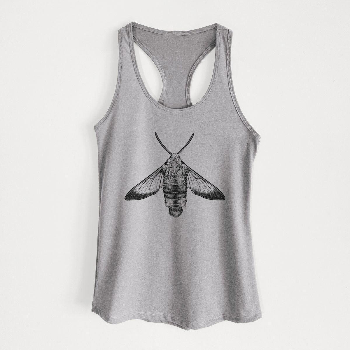 Heather grey women's racerback tank top laid flat, printed with a detailed black ink illustration of a snowberry clearwing moth, seen from above.
