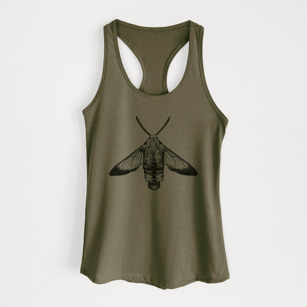 Military green women's racerback tank top laid flat, printed with a detailed black ink illustration of a snowberry clearwing moth, seen from above.