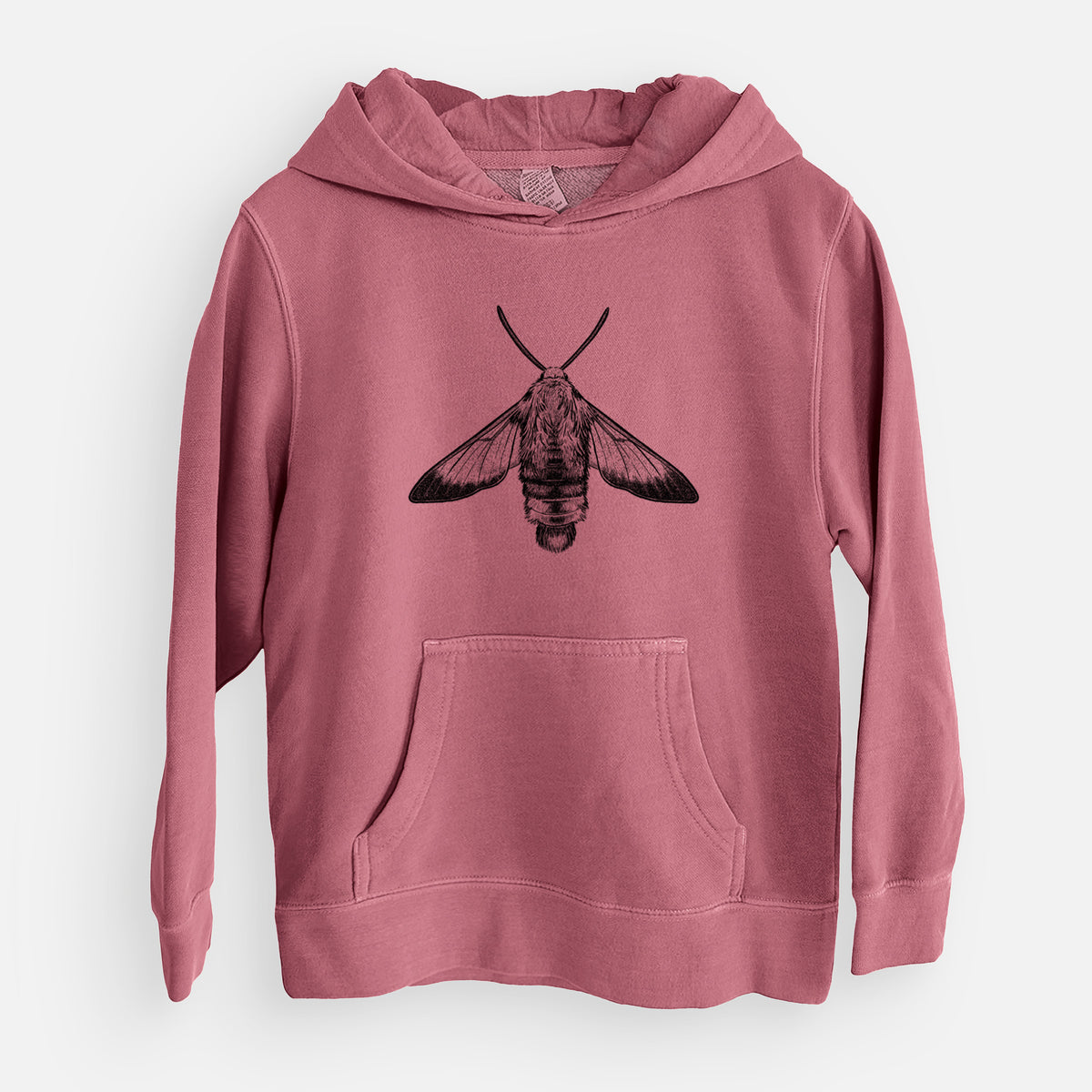 Maroon youth pigment dyed hoodie laid flat, printed with a detailed black ink illustration of a snowberry clearwing moth, seen from above.