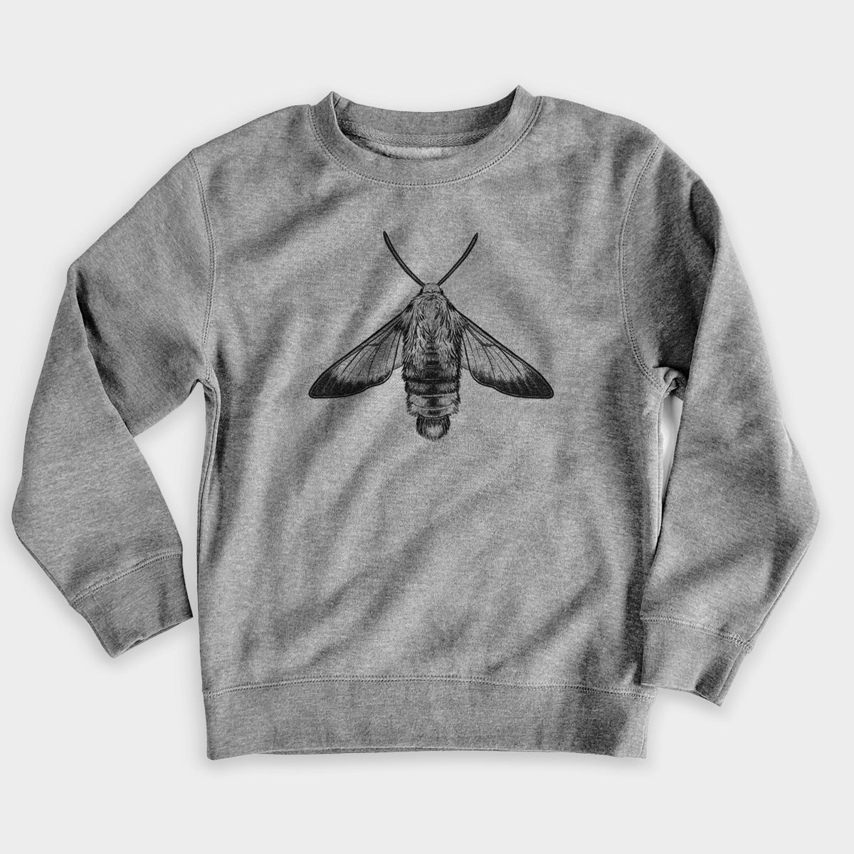 Nickel grey youth crewneck sweatshirt laid flat, printed with a detailed black ink illustration of a snowberry clearwing moth, seen from above.