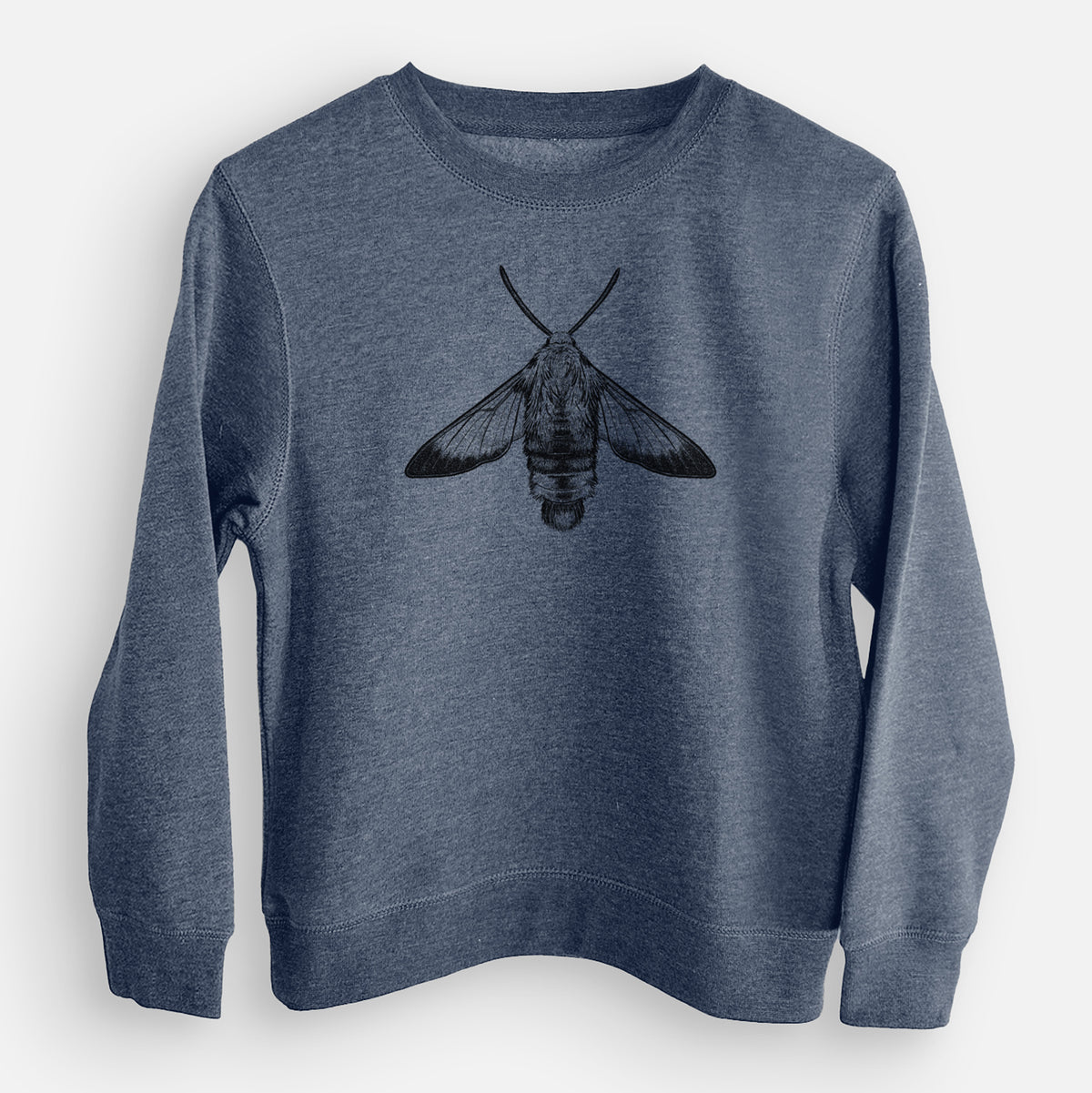 Storm blue youth crewneck sweatshirt laid flat, printed with a detailed black ink illustration of a snowberry clearwing moth, seen from above.