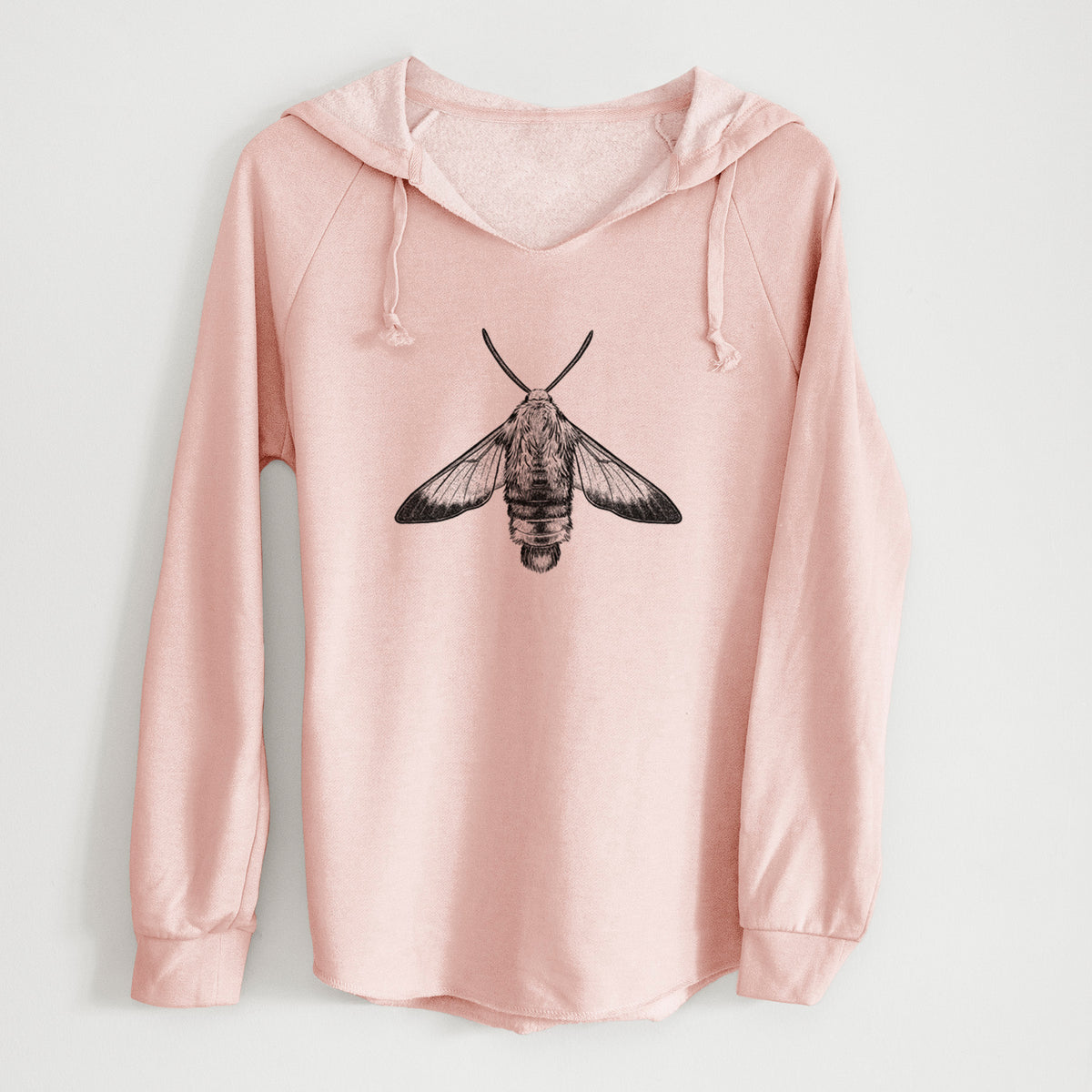 Blush pink women's Cali Wave hooded sweatshirt laid flat, printed with a detailed black ink illustration of a snowberry clearwing moth, seen from above.