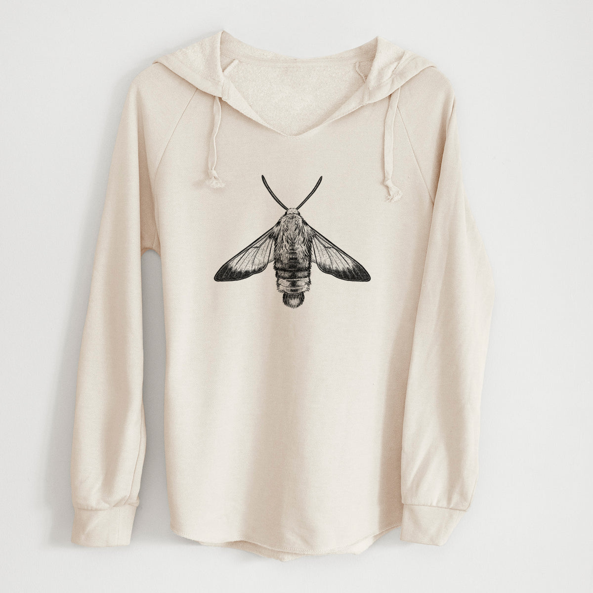 Bone cream women's Cali Wave hooded sweatshirt laid flat, printed with a detailed black ink illustration of a snowberry clearwing moth, seen from above.