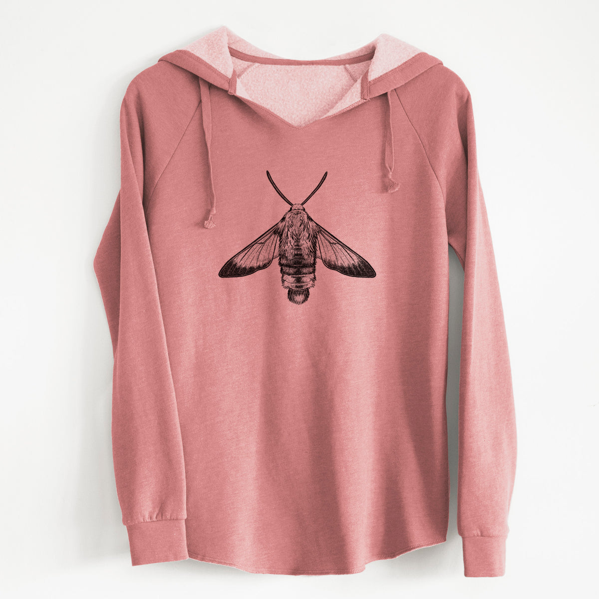 Dusty rose women's Cali Wave hooded sweatshirt laid flat, printed with a detailed black ink illustration of a snowberry clearwing moth, seen from above.