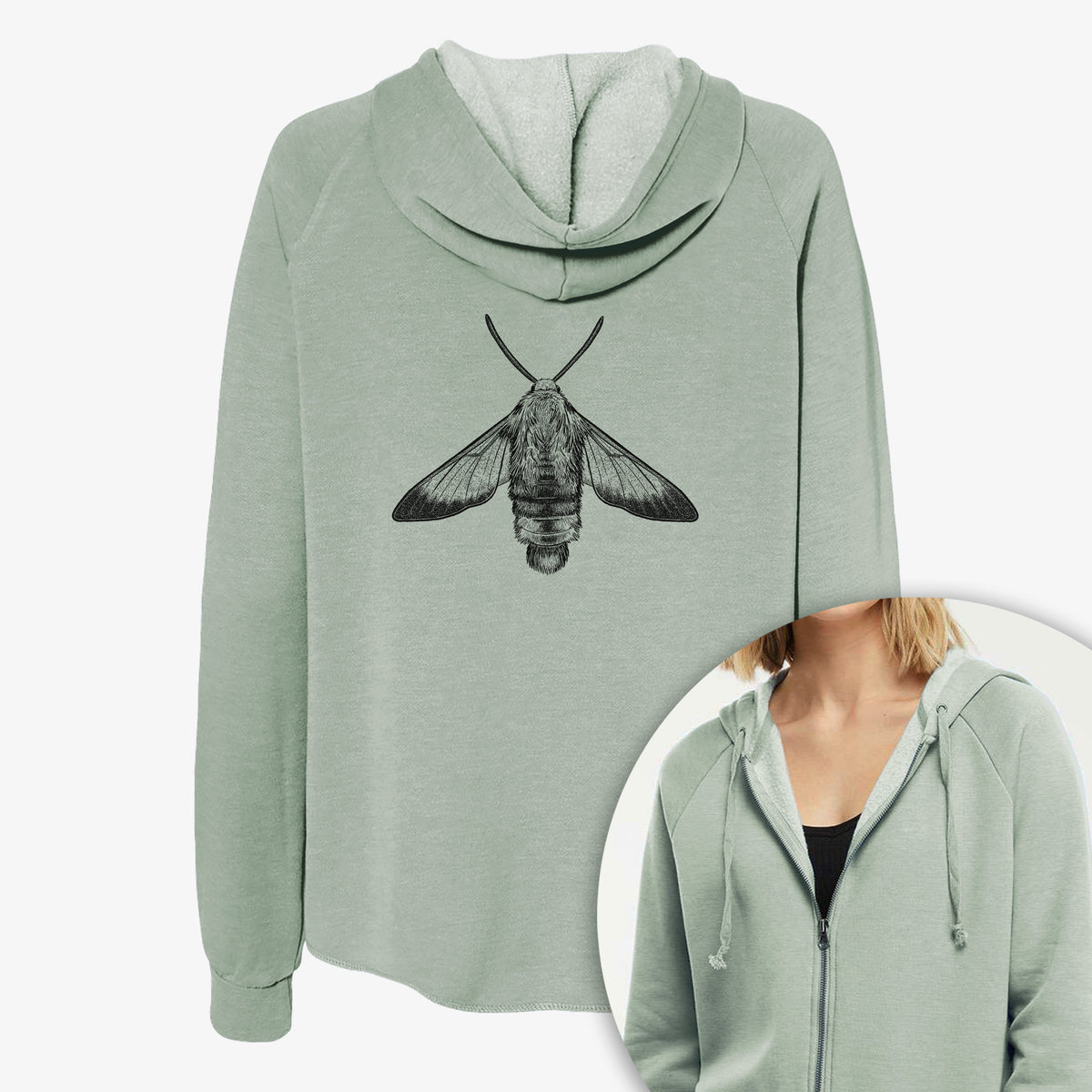 Women's Cali Wave zip-up sweatshirt printed with a detailed black ink illustration of a snowberry clearwing moth, seen from above, with a close-up of the zipper.