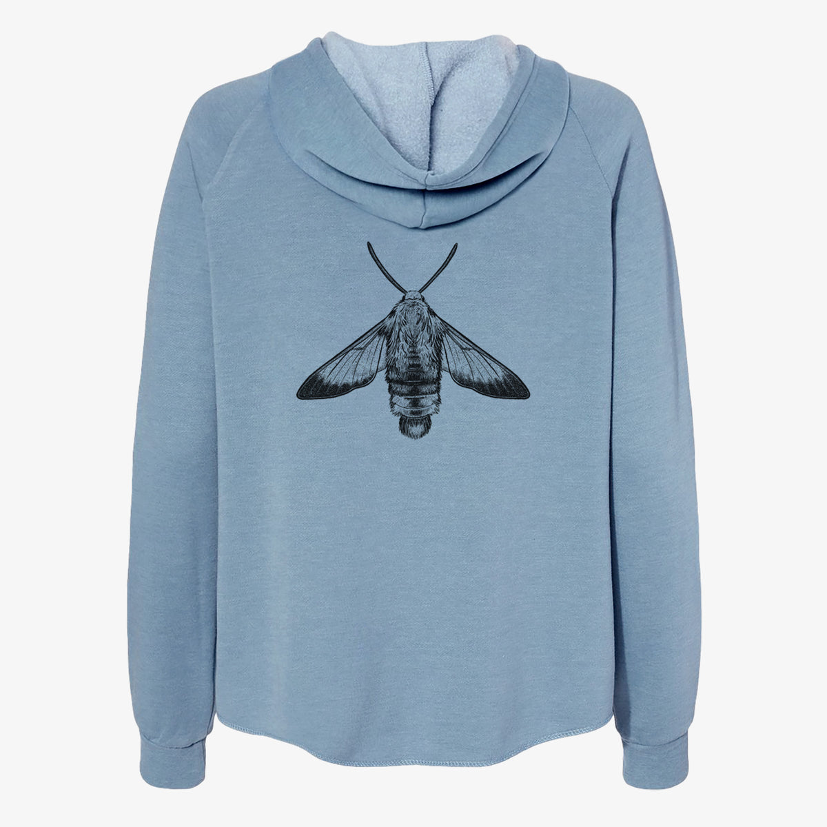 Misty blue women's Cali Wave zip-up sweatshirt laid flat, printed with a detailed black ink illustration of a snowberry clearwing moth, seen from above.