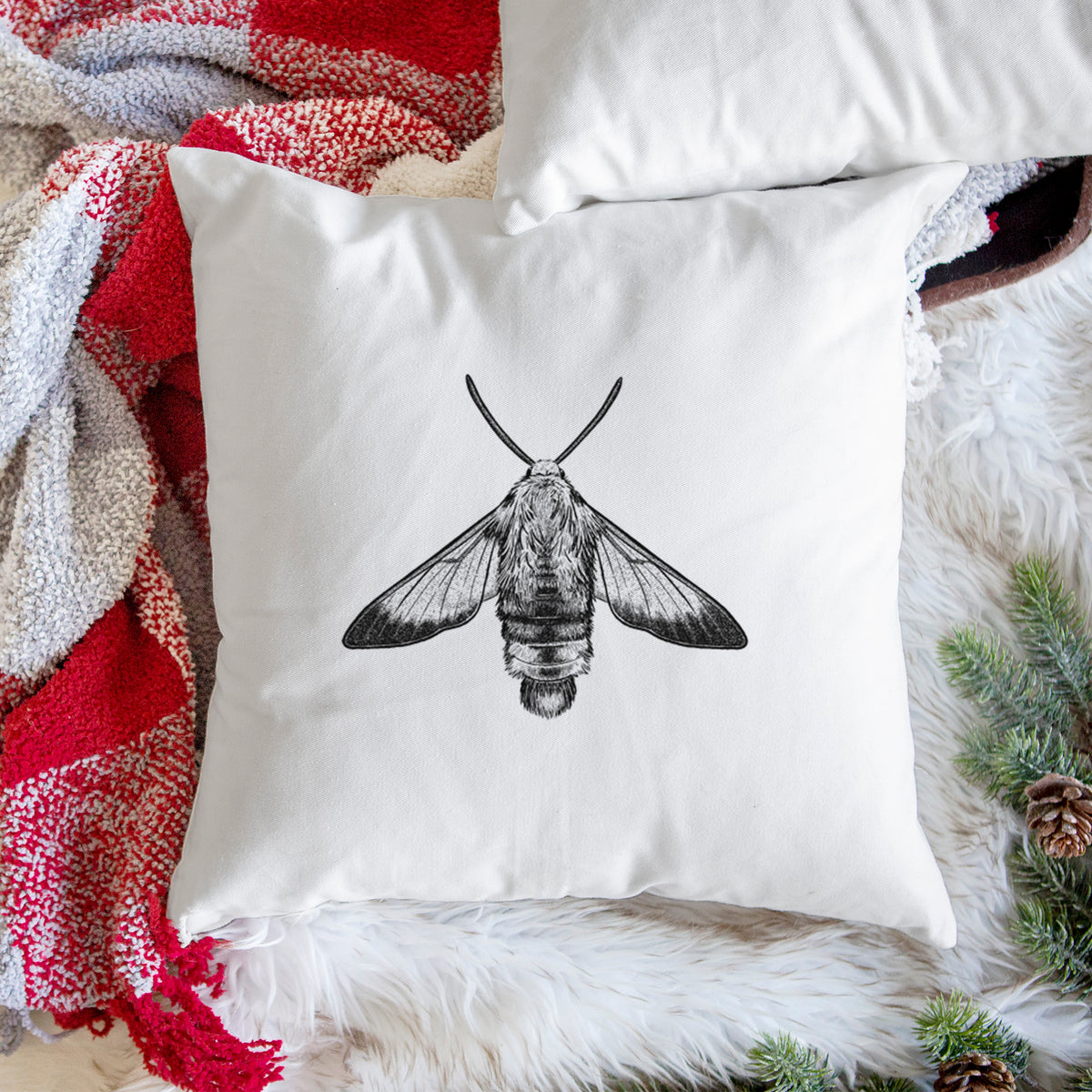 White pillow cover printed with a detailed black ink illustration of a snowberry clearwing moth, seen from above, on a woven chair.