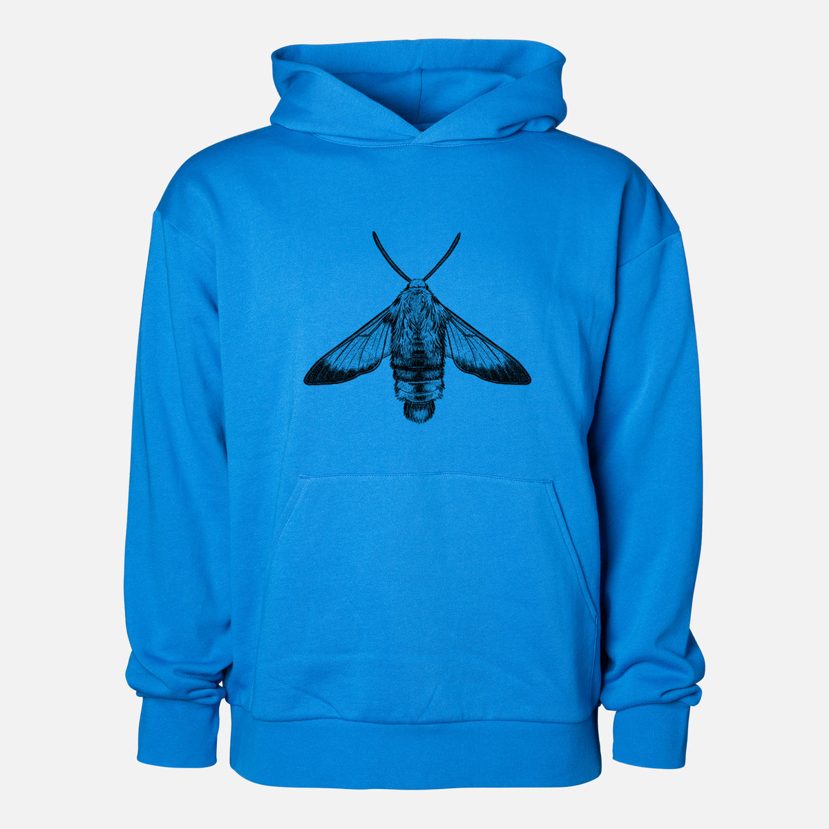 Snowberry Clearwing Moth - Hemaris diffinis - Statement Midweight Hoodie in Azure Blue, shown from the front with the design printed on the chest above a front kangaroo pocket.