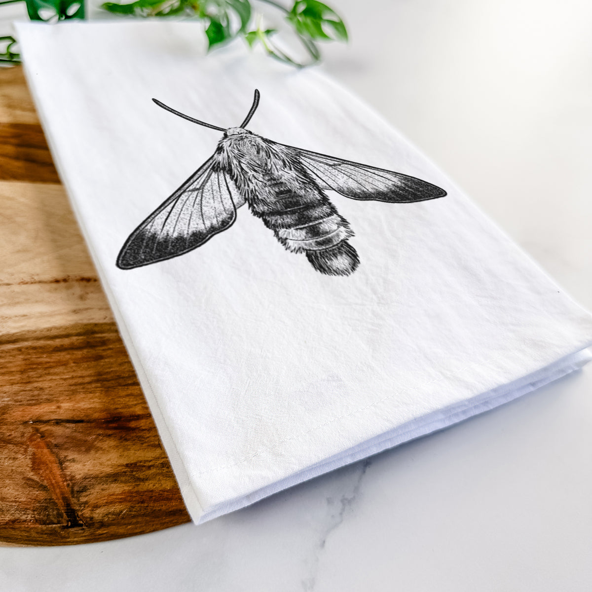 Close-up of a folded white tea towel on a wooden board, showing a detailed black ink illustration of a snowberry clearwing moth, seen from above.