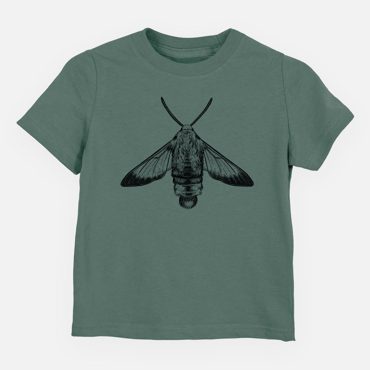 Basil green toddler t-shirt laid flat, printed with a detailed black ink illustration of a snowberry clearwing moth, seen from above.