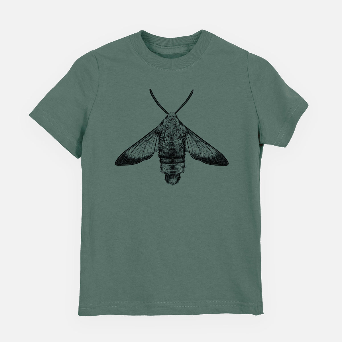 Basil green youth t-shirt laid flat, printed with a detailed black ink illustration of a snowberry clearwing moth, seen from above.