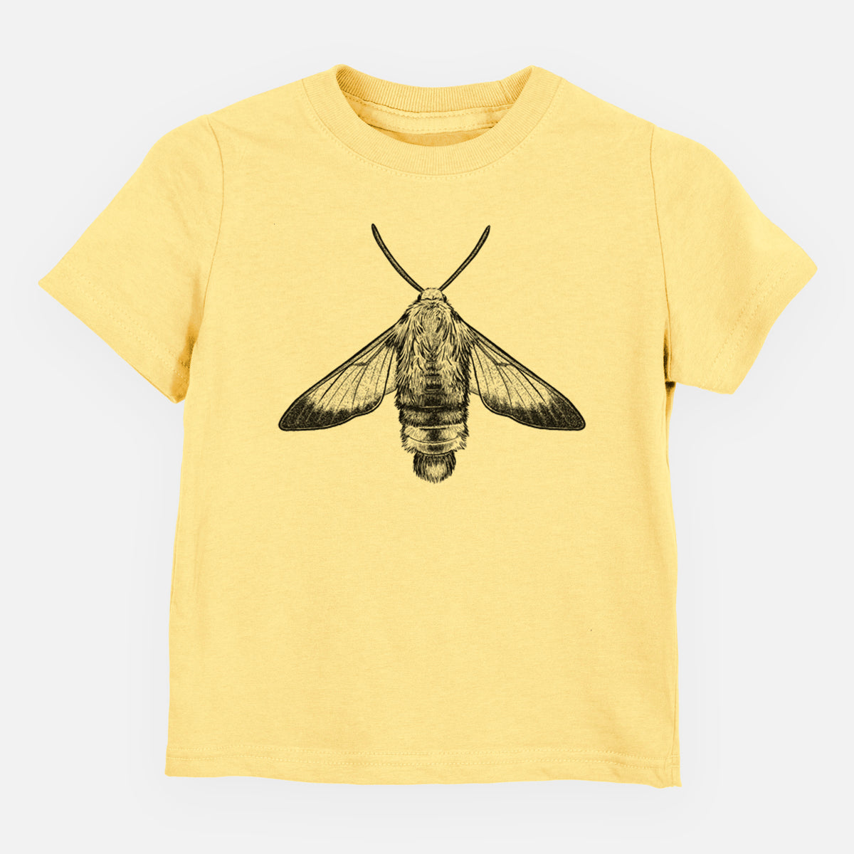 Butter yellow toddler t-shirt laid flat, printed with a detailed black ink illustration of a snowberry clearwing moth, seen from above.