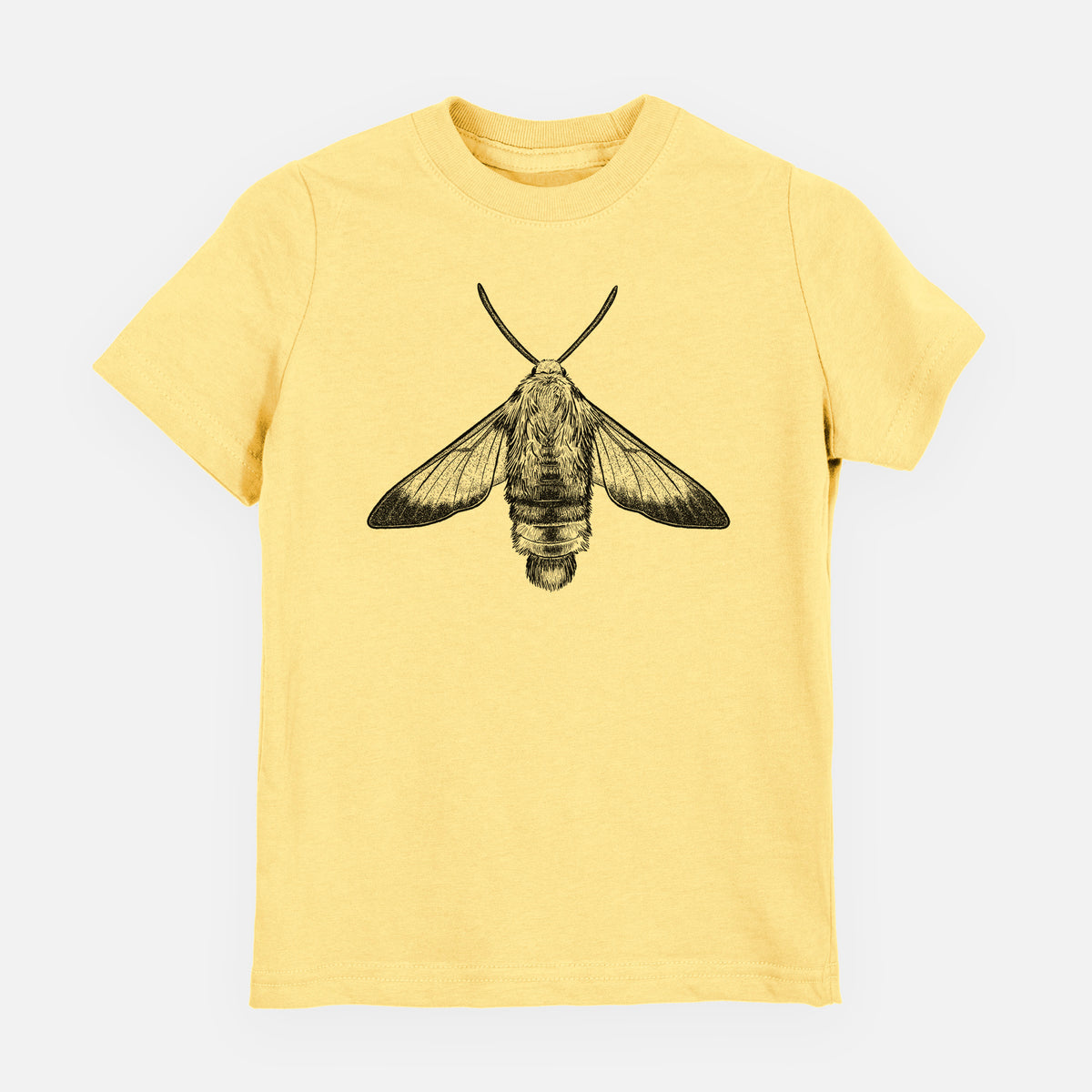 Butter yellow youth t-shirt laid flat, printed with a detailed black ink illustration of a snowberry clearwing moth, seen from above.